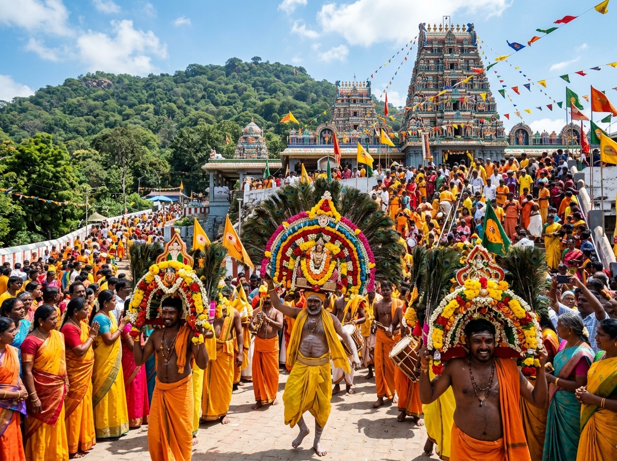 Devotees bearing floral and peacock Kavadis during Thaipusam